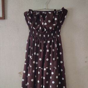 Brown Polka Dot Dress With Ties Over The Shoulders